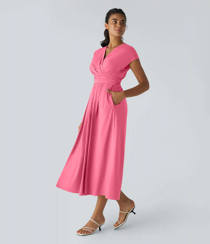 Breezeful™ V Neck Short Sleeve Pocket Tie Back Quick Dry Midi Casual Dress-Longer Length