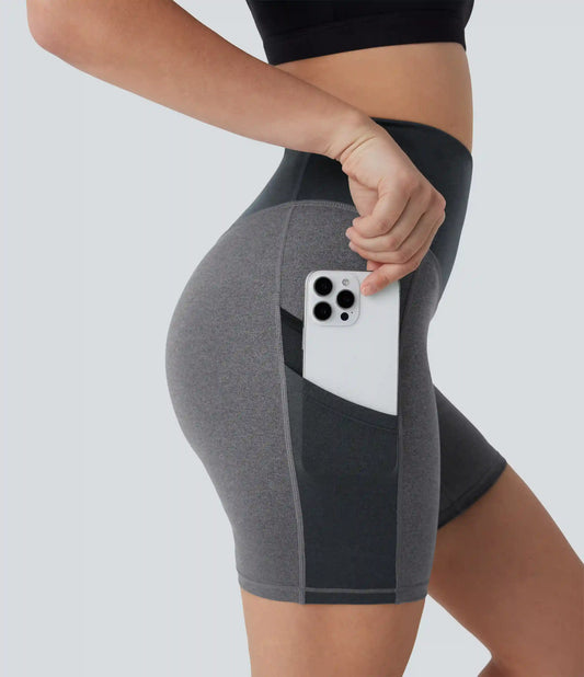High Waisted Color Block Contrast Mesh Quick Dry Yoga Biker Shorts 7'' with Pockets