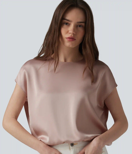Round Neck Keyhole Back Cap Sleeve Satin Work Top