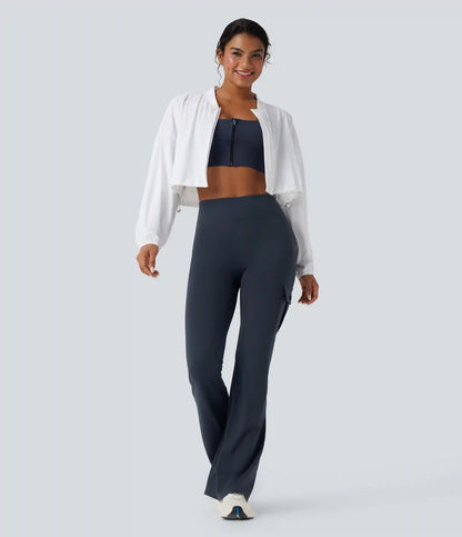 DayStretch High Waisted Tummy Control Ruched Workout Flare Pants with Pockets