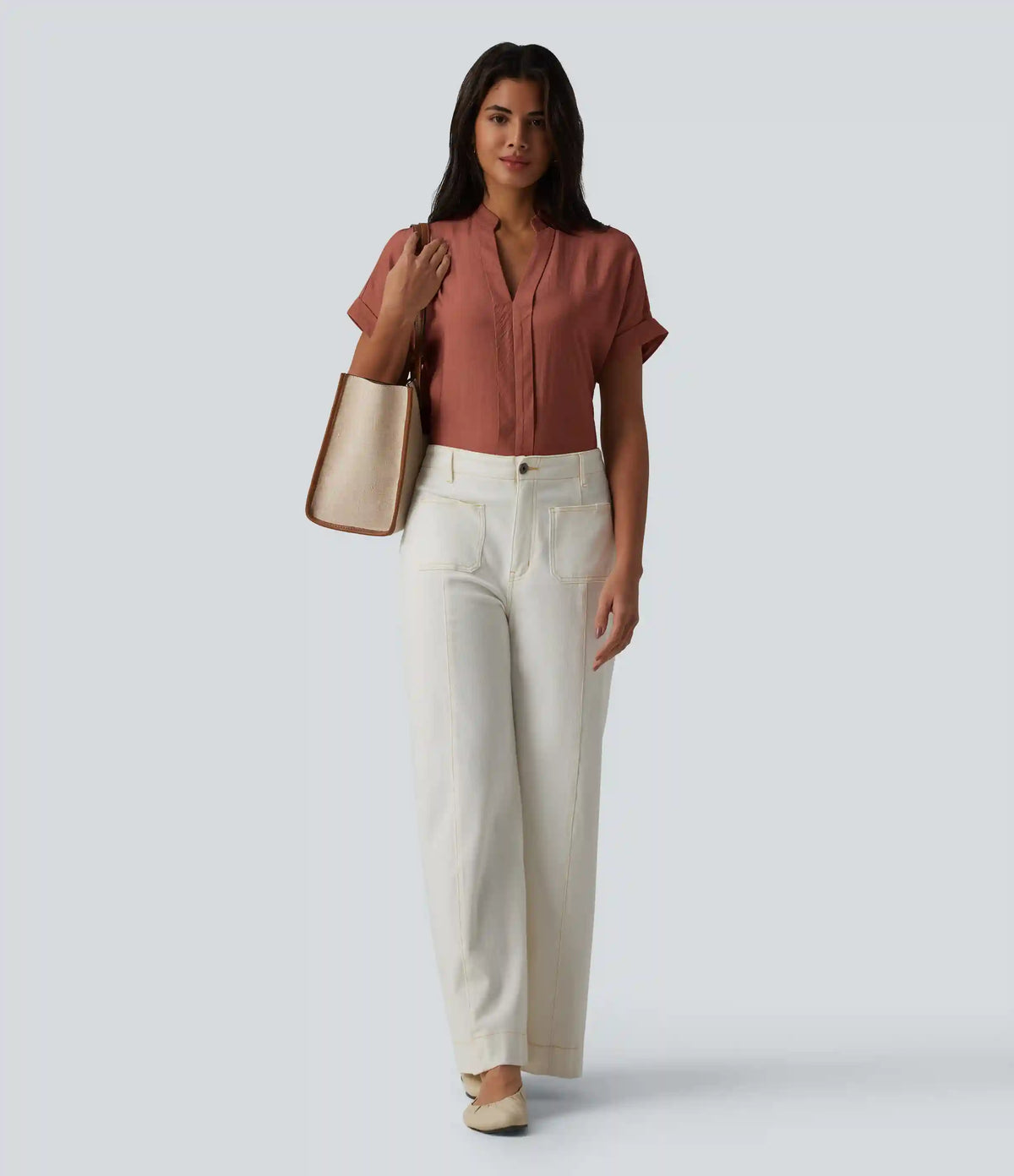 V Neck Short Sleeve Linen-Feel Work Shirt