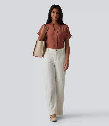 V Neck Short Sleeve Linen-Feel Work Shirt