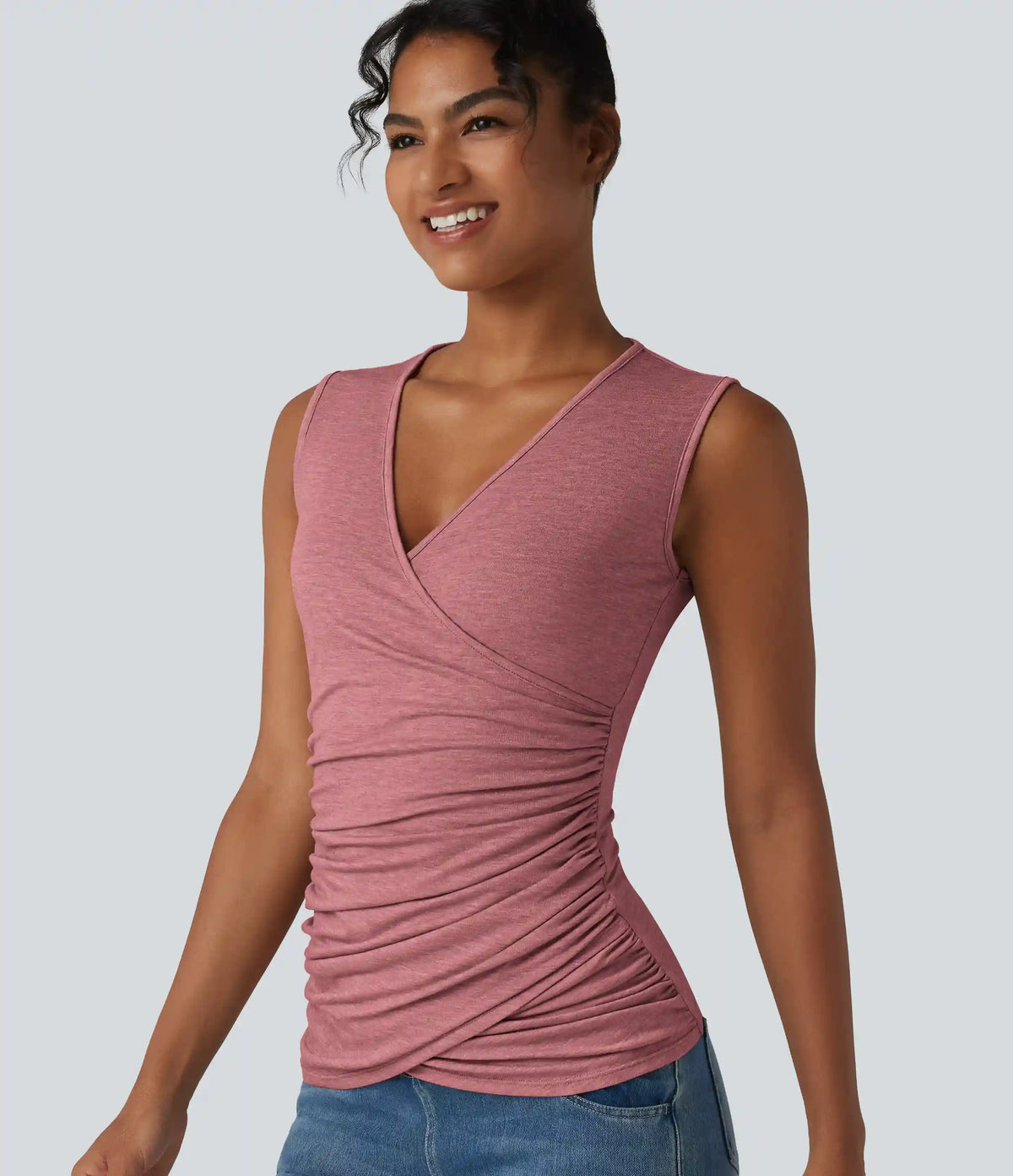 V Neck Crossvoer Ruched Casual Tank Top