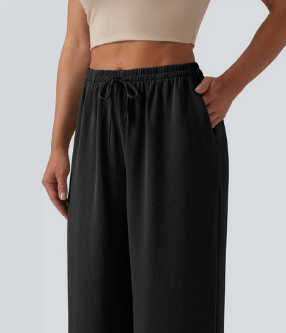 Mid Rise Drawstring Wide Leg Baggy Casual Linen-Feel Pants with Pockets