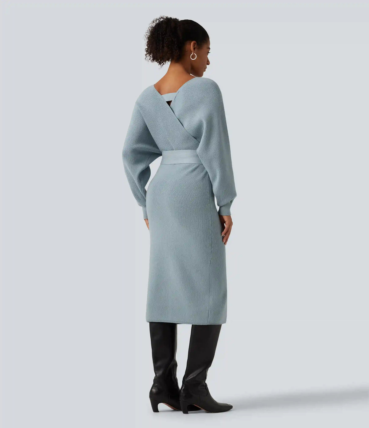 Crossover V Neck Batwing Long Sleeve Belted Midi Casual Sweater Dress