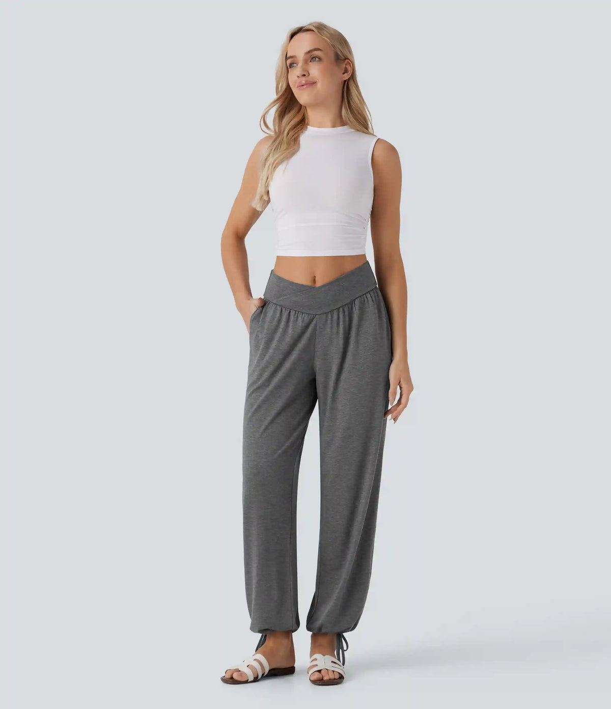 Crossover High Waisted Pocket Drawstring Casual Joggers