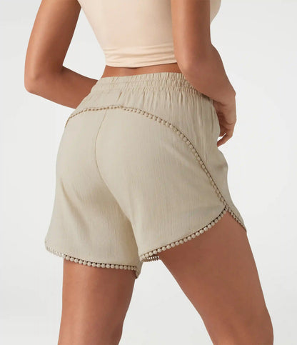 Mid Rise Drawstring Contrast Fringe Curved Hem 2-in-1 Casual Shorts