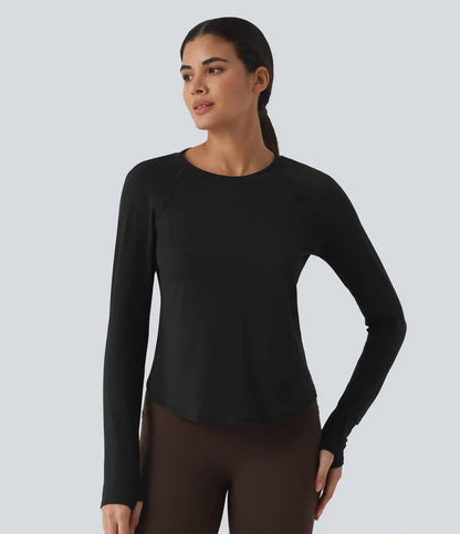 SoftlyZero™ Airy Quick Dry Round Neck Raglan Long Sleeve Mesh Back Crossover Yoga Sports Top with Thumb Holes