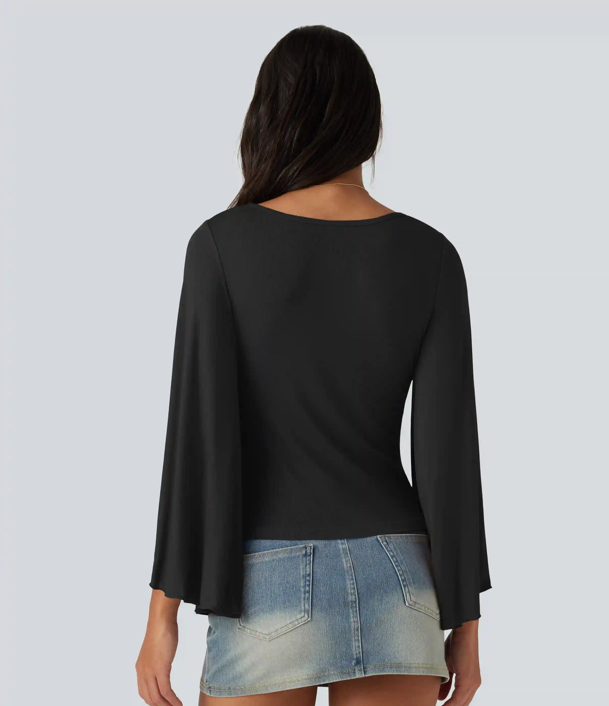 Ribbed Square Neck Flounce 7/8 Sleeve Ruched Casual T-Shirt