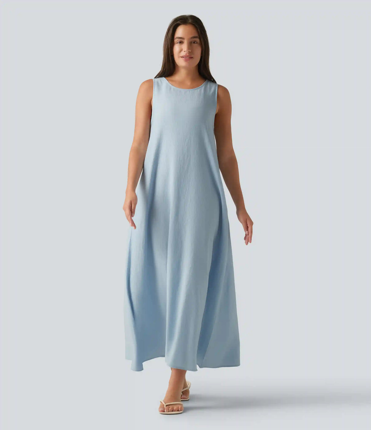 Round Neck Sleeveless Midi Plain Casual Tank Dress with Pockets