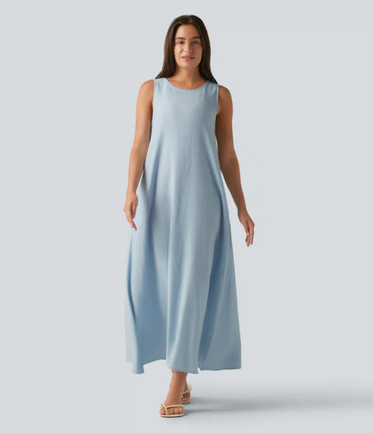 Round Neck Sleeveless Midi Plain Casual Tank Dress with Pockets