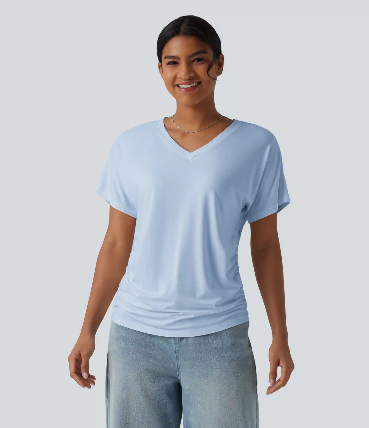 V-neck Short Sleeve Ruched Plain Casual T-Shirt