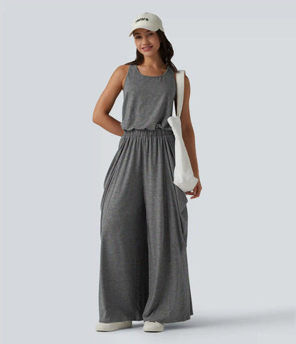 Sleeveless Cut Out Wide Leg Casual Jumpsuit with Pockets-Easy Peezy Edition