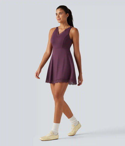 SoftlyZero™ Airy V Neck 2-in-1 Built-in Bra Contrast Lace InstantCool Mini Dance Dress with Pockets-Easy Peezy Edition