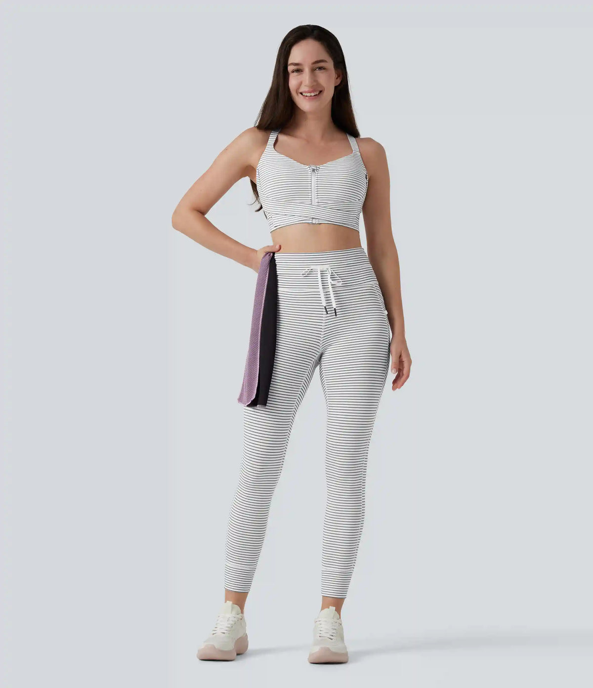 Medium Support Push Up Zipper Adjustable Built-in Bra Buckle Striped Running Sports Bra
