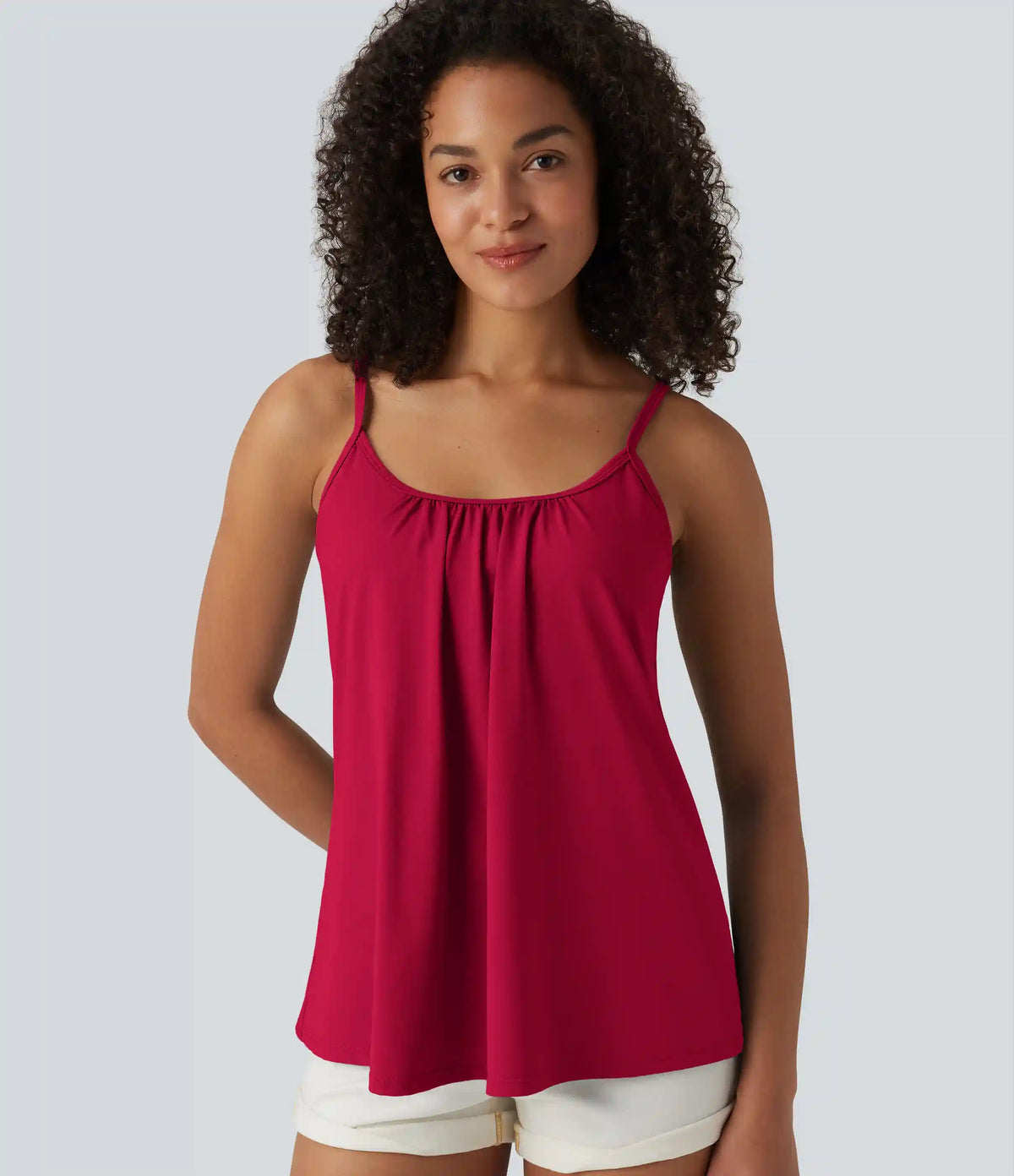 Adjustable Straps Ruched 2-in-1 Built-in Bra Casual Cami Top