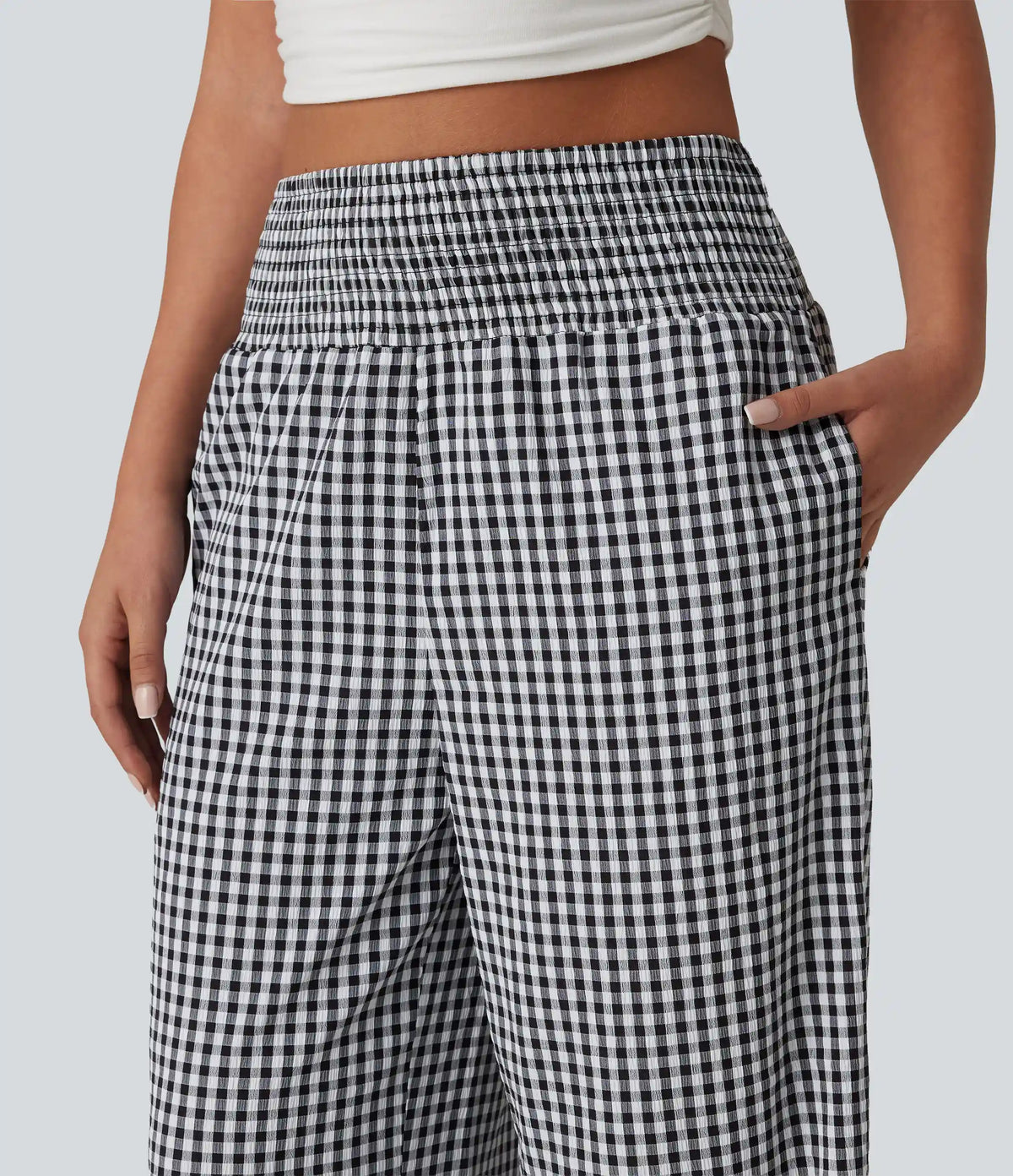 High Waisted Shirred Gingham Casual Baggy Pants with Pockets