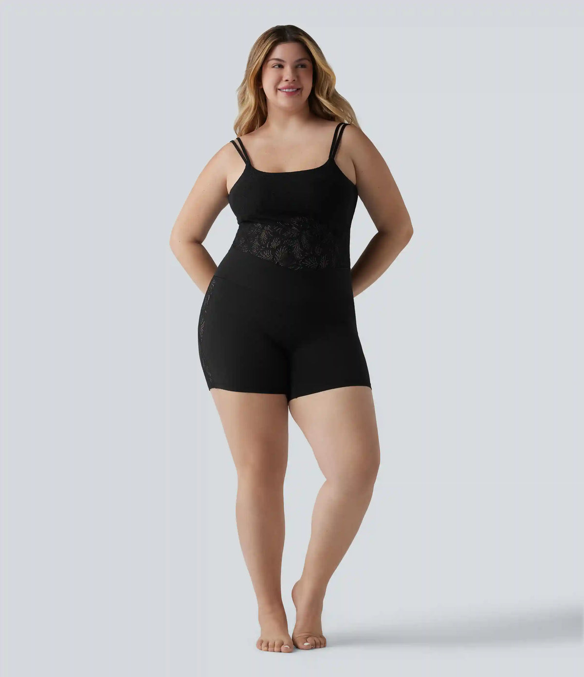 Plus Size SoftlyZero™ High Waisted Crossover Contrast Lace Yoga Biker Shorts 5'' with Pocket