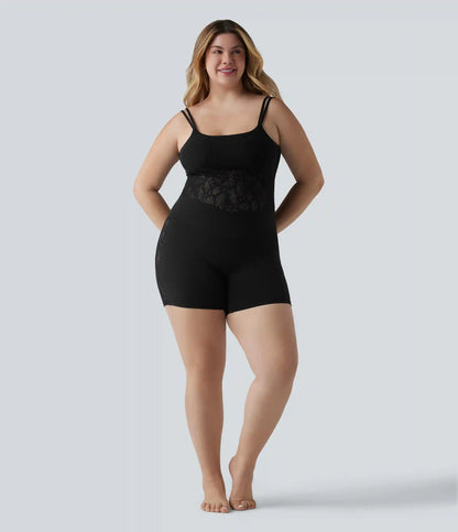 Plus Size SoftlyZero™ High Waisted Crossover Contrast Lace Yoga Biker Shorts 5'' with Pocket