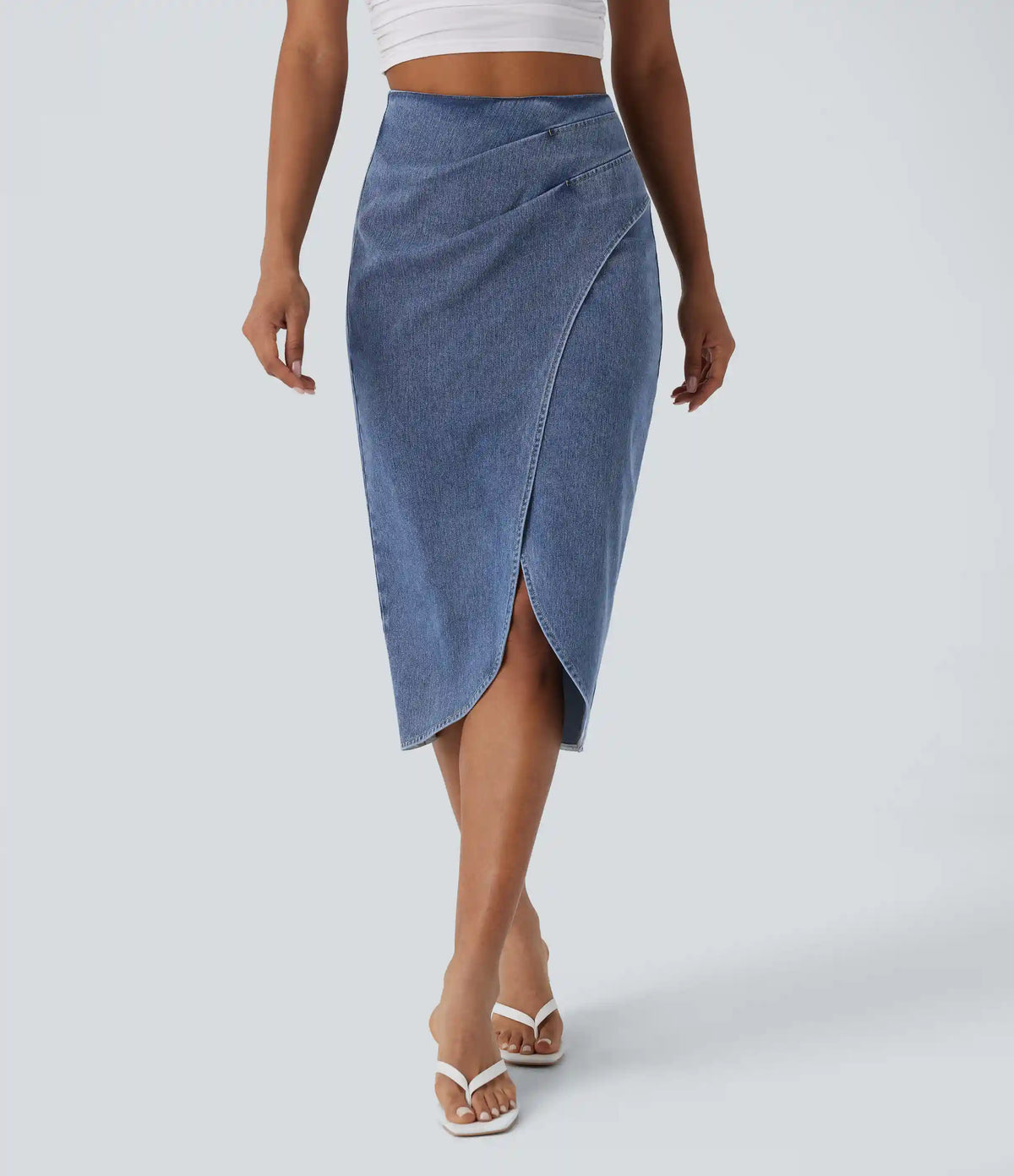 Halara Flex™ High Waisted Back Zipper Ruched Tulip Hem Midi Washed Denim Casual Skirt