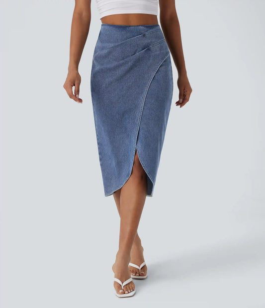 Halara Flex™ High Waisted Back Zipper Ruched Tulip Hem Midi Washed Denim Casual Skirt