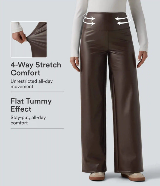 High Waisted Tummy Control Wide Leg Stretchy PU Fleece Casual Pants with Pockets
