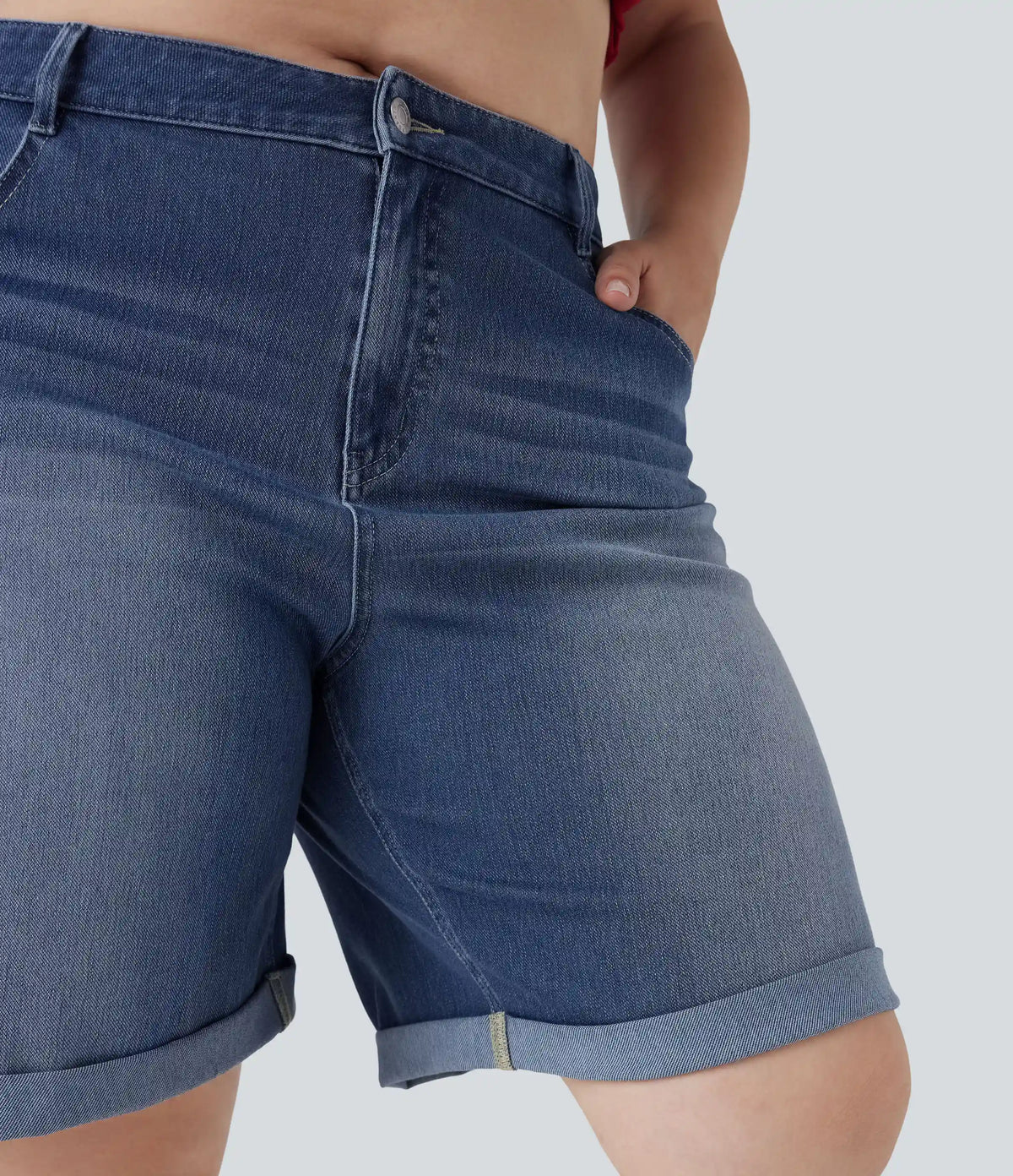 Halara Flex™ High Waisted Multiple Pockets Rolled Hem Washed Stretchy Knit Denim Casual Plus Size Bermuda Shorts