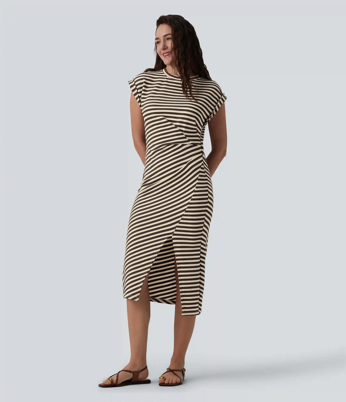 Round Neck Short Sleeve Asymmetrical Split Hem Stripes Waffle Casual Midi T-Shirt Dress