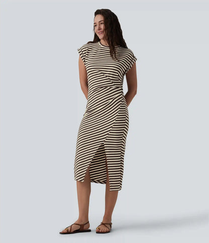 Round Neck Short Sleeve Asymmetrical Split Hem Stripes Waffle Casual Midi T-Shirt Dress