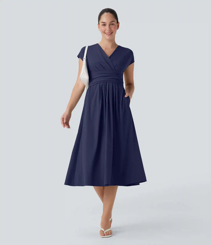 Breezeful™ V Neck Short Sleeve Pocket Tie Back Quick Dry Midi Casual Dress