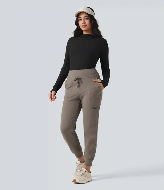 High Waisted Drawstring Tapered Fleece Hiking Joggers with Pockets