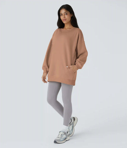 Round Neck Long Sleeve Pocket Oversize Fleece Casual Sweatshirt