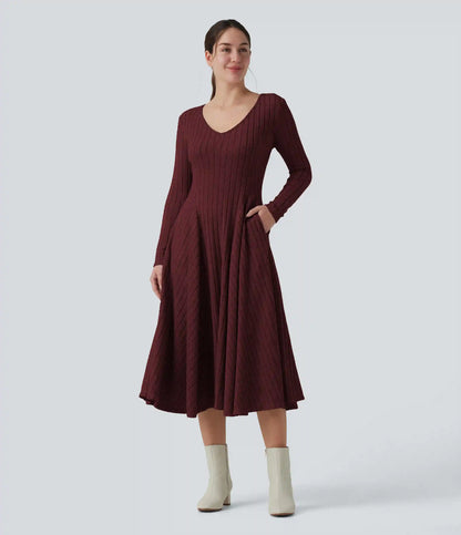 Ribbed Knit V Neck Long Sleeve Flare Midi Casual Dress with Pockets