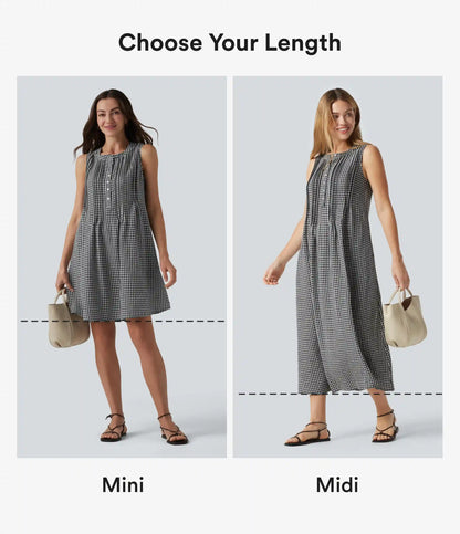 Round Neck Sleeveless Plaid Mini Casual Linen-Feel Dress with Pockets
