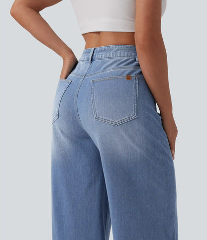 Halara Flex™ Asymmetric High Waisted Washed Casual Baggy Jeans with Pockets