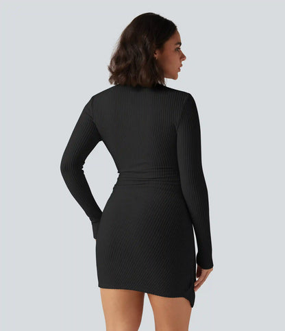Ribbed Knit Deep V Neck Long Sleeve Ruched Bodycon Mini Casual Dress