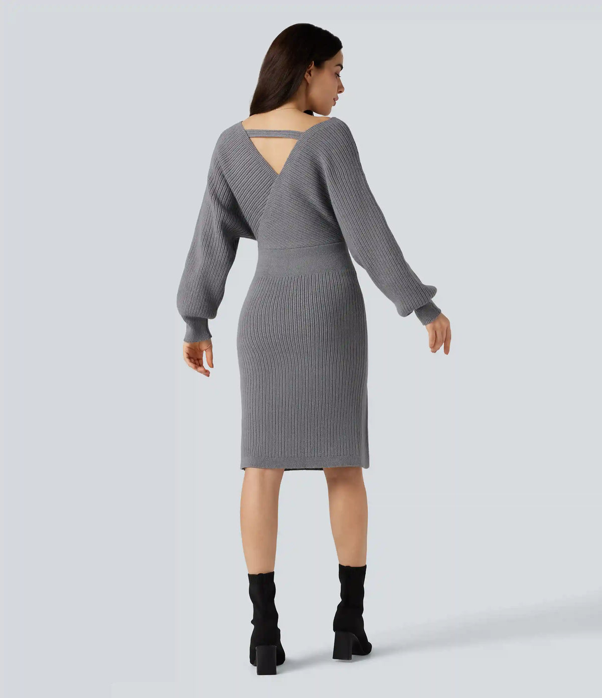 V-neck Batwing Long Sleeve Split Bodycon Midi Work Sweater Dress