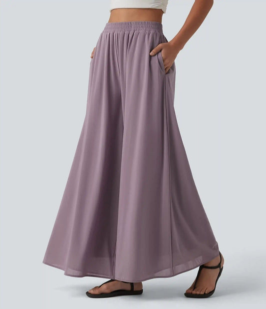 High Waisted Pocket Mesh Overlay Wide Leg Casual Pants
