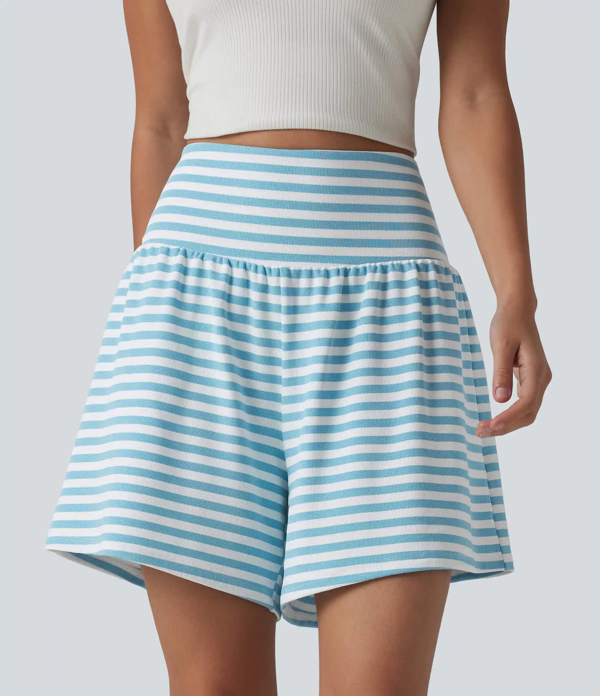 High Waisted 2-in-1 Stripe Waffle Casual Shorts 5'' with Pockets