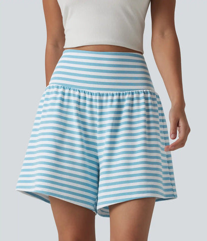 High Waisted 2-in-1 Stripe Waffle Casual Shorts 5'' with Pockets