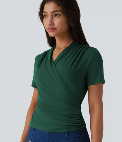 V Neck Short Sleeve Work Blouse