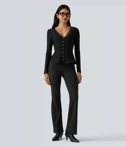 V Neck Contrast Lace Long Sleeve Ruffle Hem Work Blouse