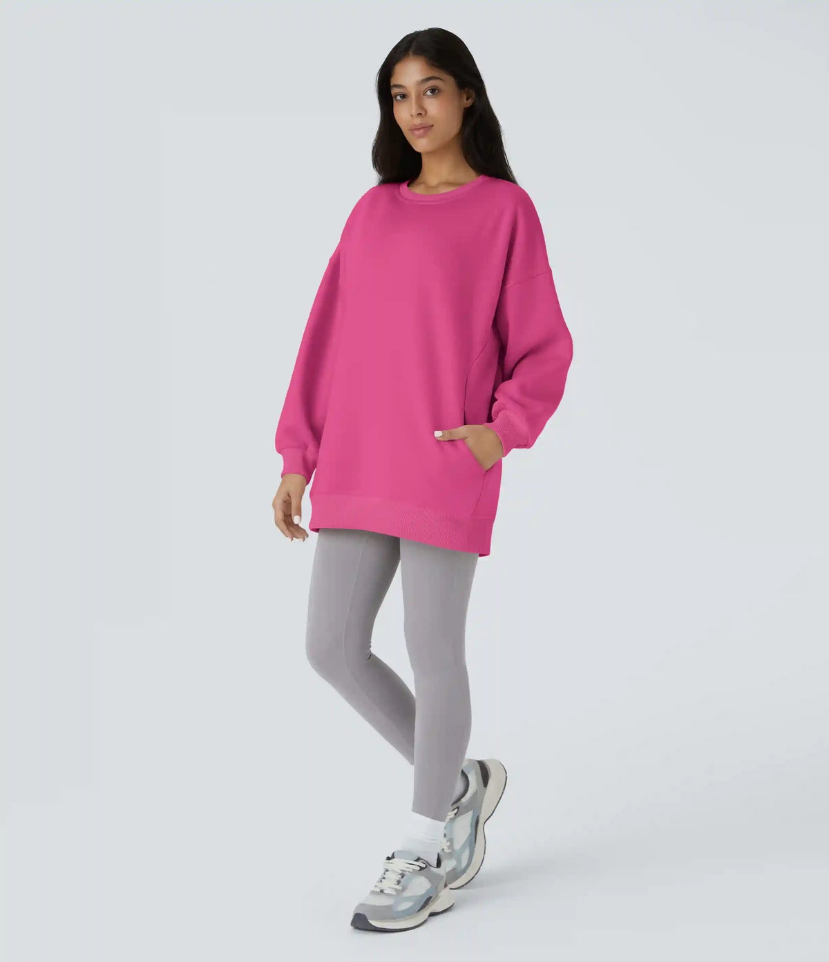 Round Neck Long Sleeve Pocket Oversize Fleece Casual Sweatshirt
