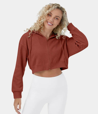Waffle Hooded Drawstring Zipper Cropped Casual Cotton Sports Sweatshirt