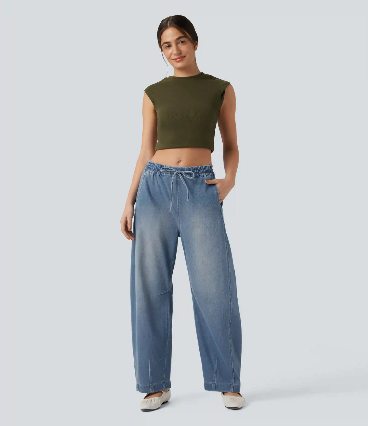 Halara Flex™ Mid Rise Drawstring Barrel Leg Washed Casual Baggy Sweatpants Jeans with Pockets
