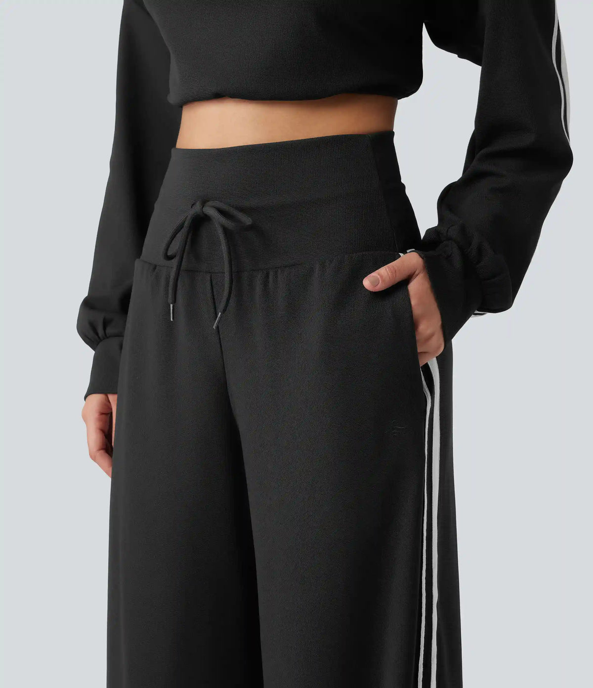 High Waisted Drawstring Wide Leg Side Stripe Waffle Casual Pants with Pockets