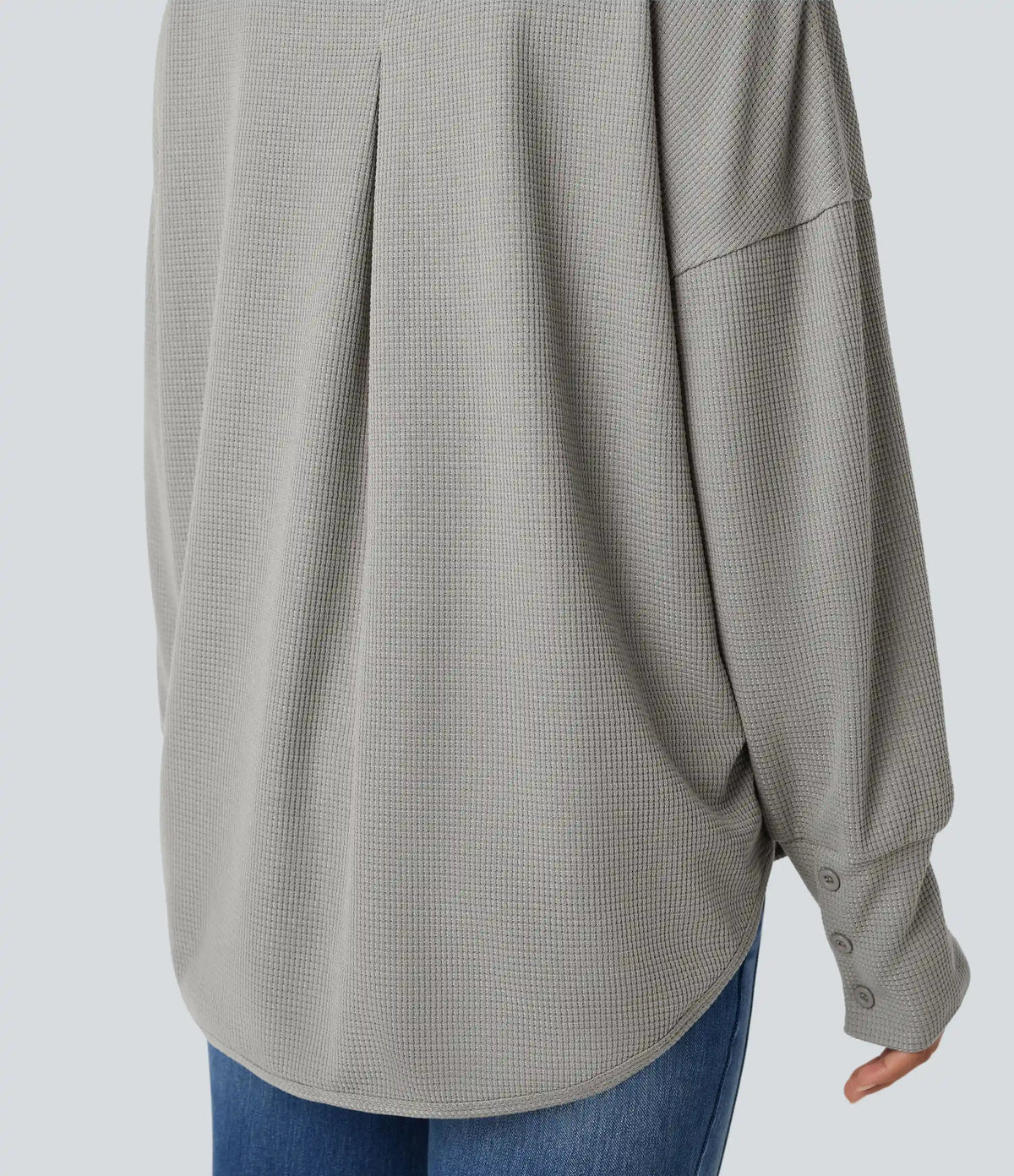 Scoop Neck Long Sleeve Curved Hem Relaxed Waffle Casual Top