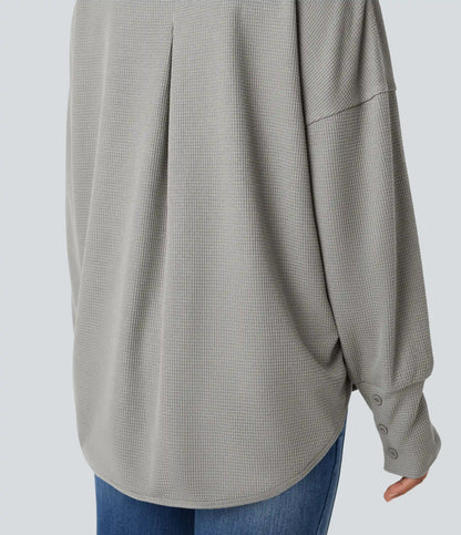 Scoop Neck Long Sleeve Curved Hem Relaxed Waffle Casual Top