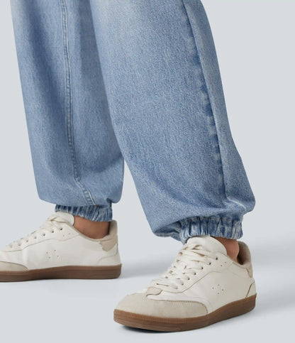 High Waisted Denim Print French Terry Casual Joggers with Pockets