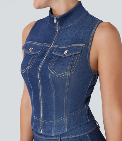 Halara Flex™ Stand Collar Zipper InstantCool Washed Denim Tennis Tank Top